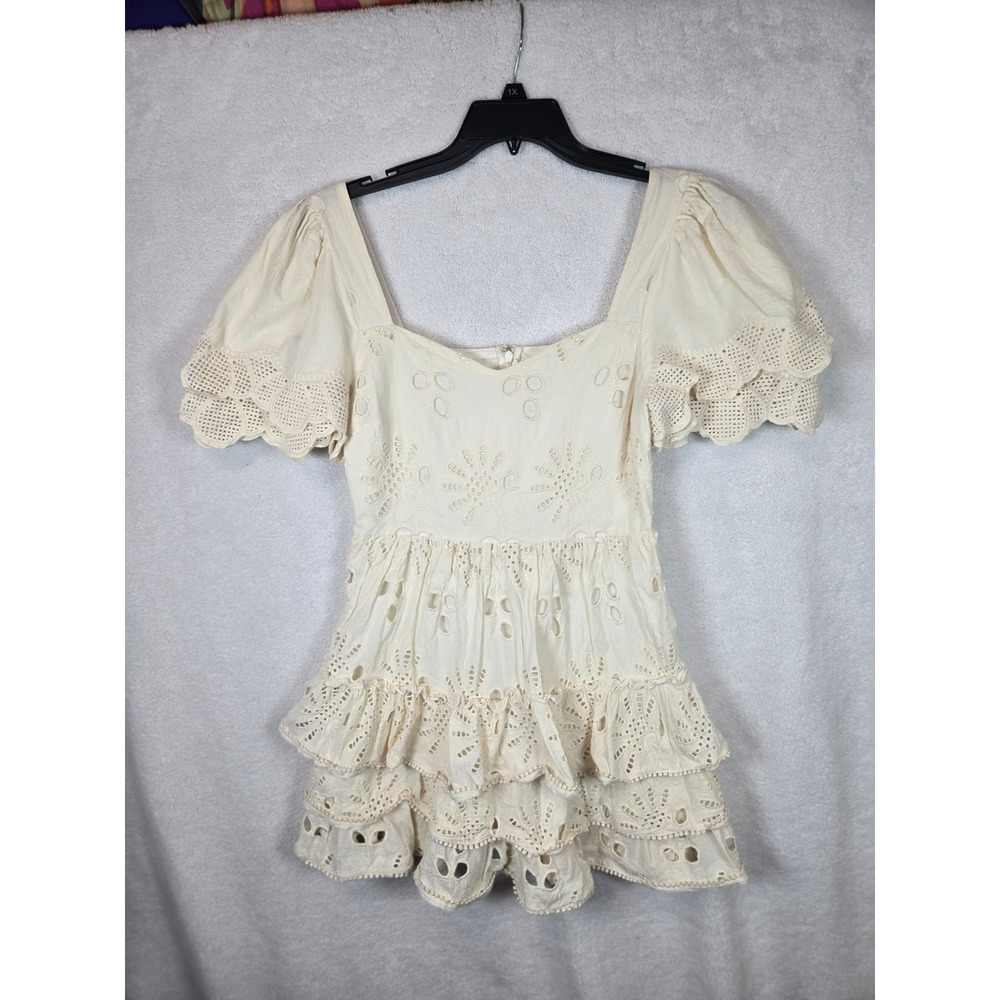 Vestique Cream Eyelet Tiered Ruffle Babydoll Mini Dress Square Neck Ivory Medium